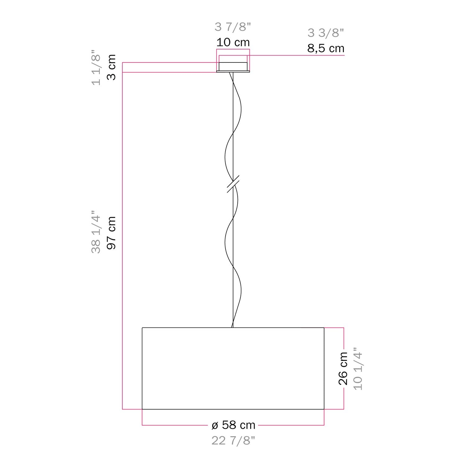 Lampada a sospensione con paralume in tessuto Cilindro Large - Made in Italy - Teletta Lilla No
