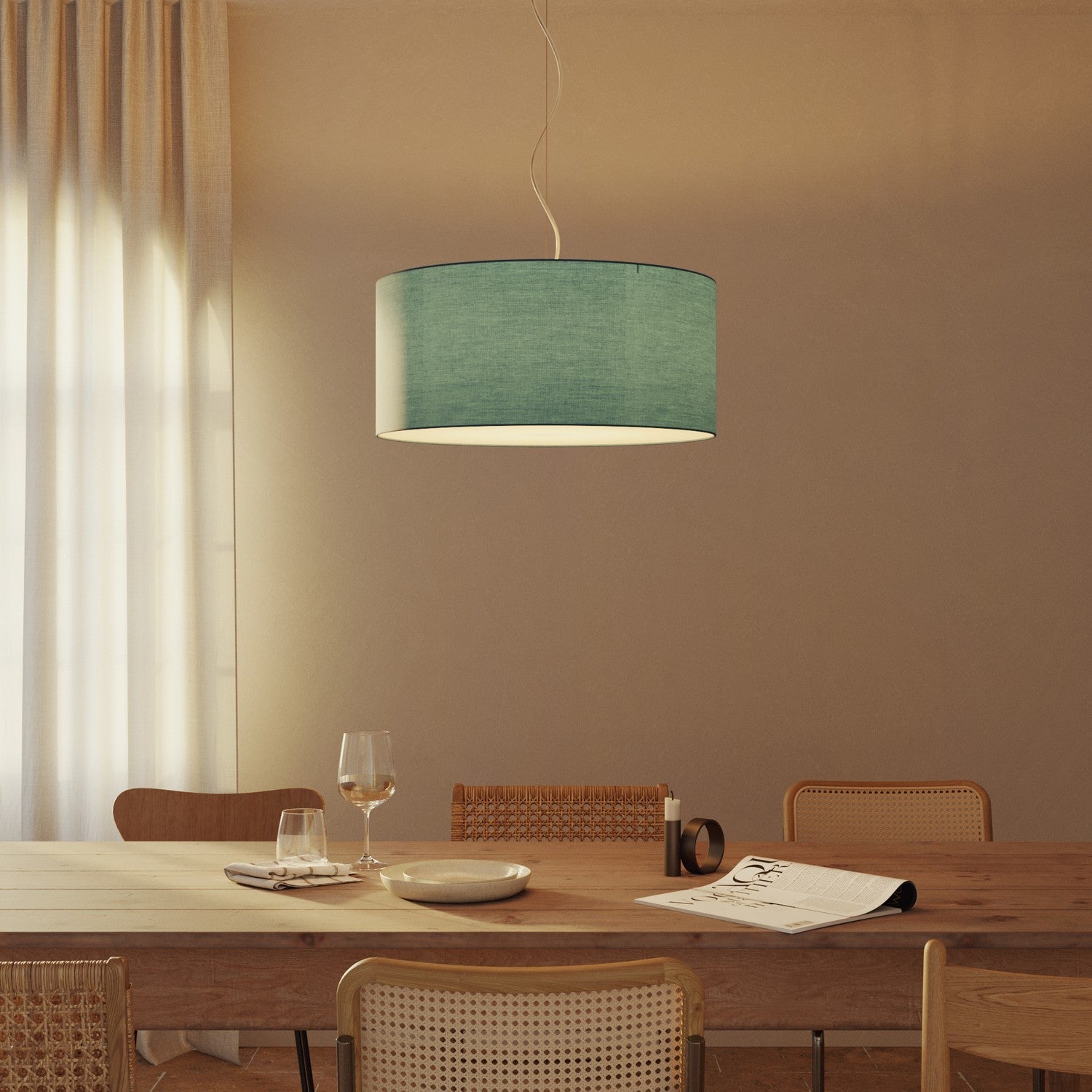 Lampada a sospensione con paralume in tessuto Cilindro Large - Made in Italy - Teletta Verde Dubbio Si