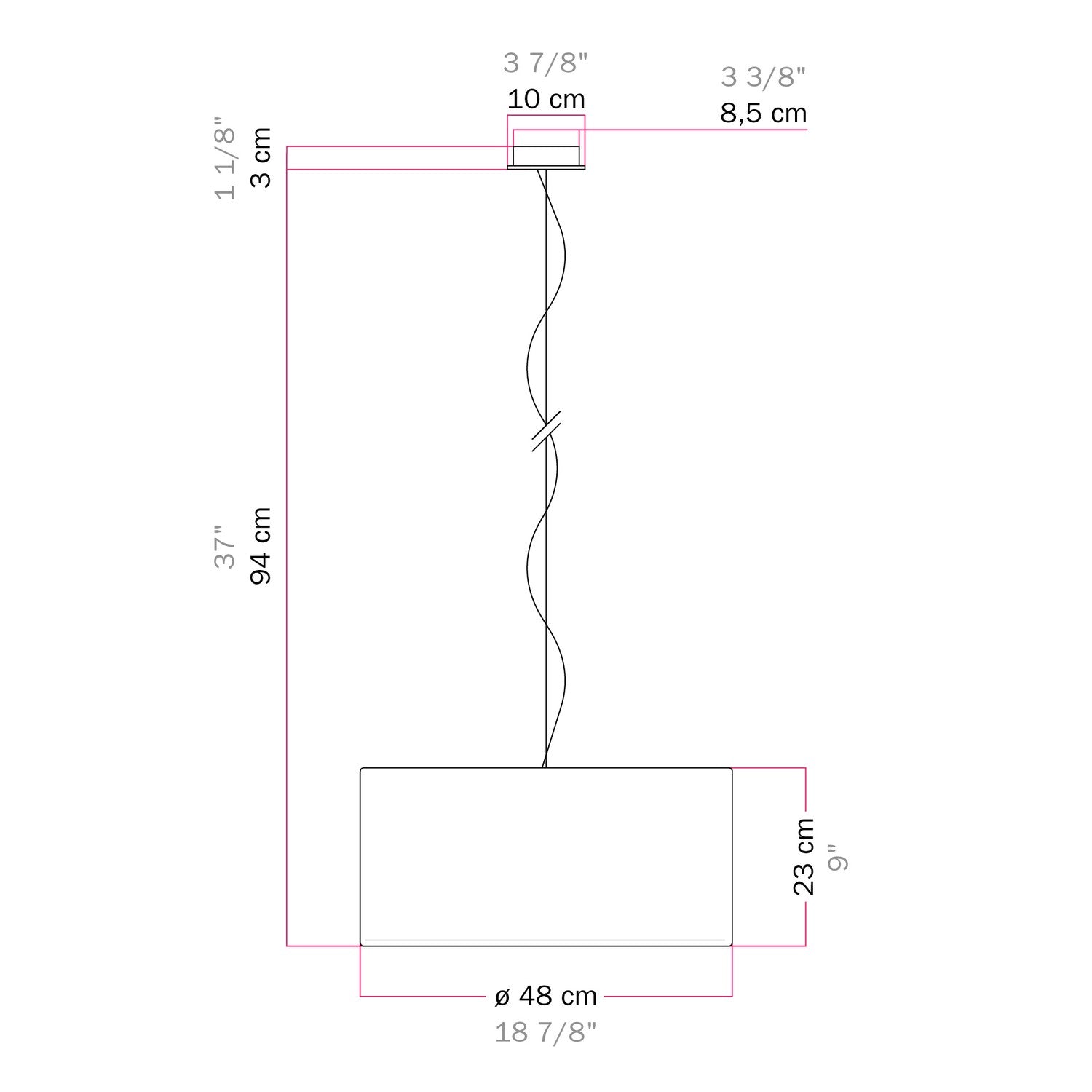Lampada a sospensione con paralume in tessuto Cilindro Medium - Made in Italy - Teletta Lilla Si