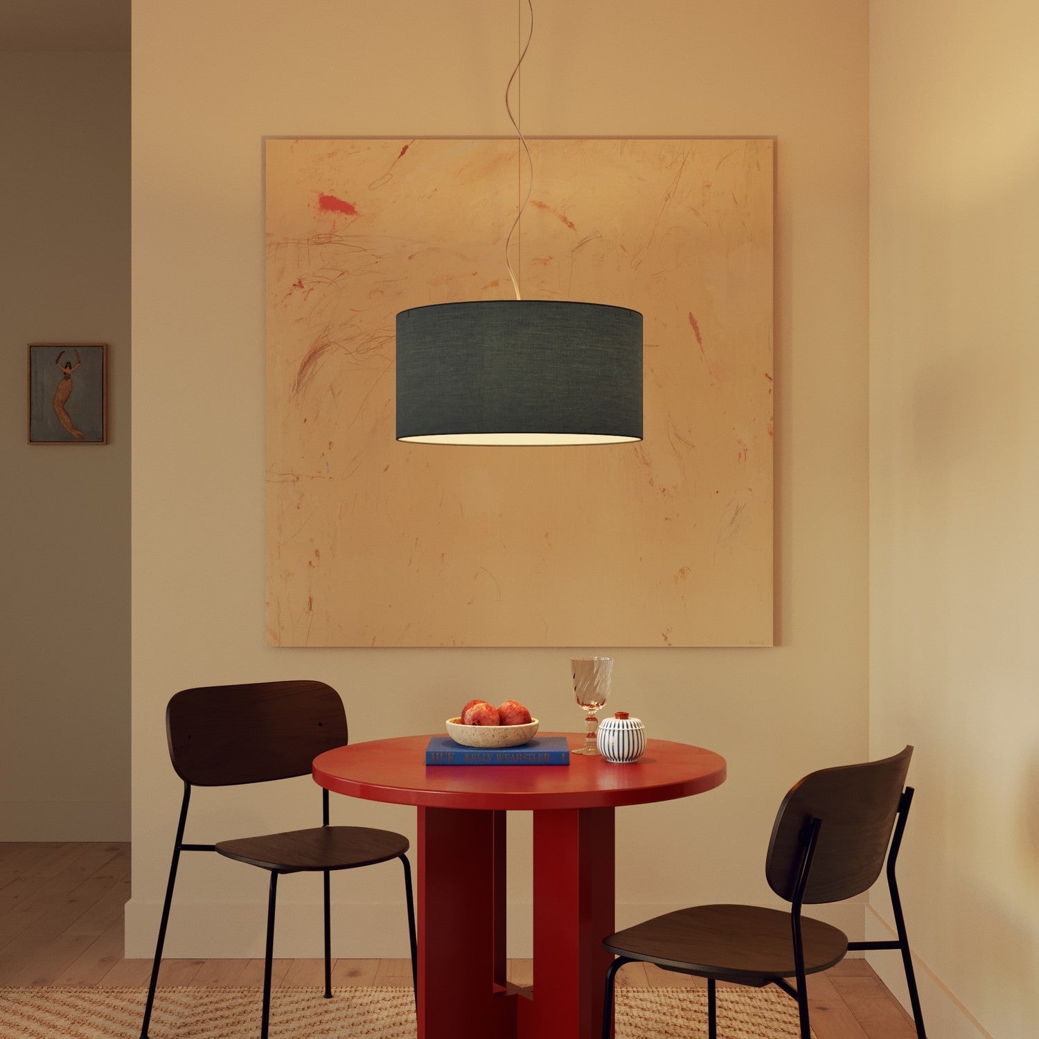 Lampada a sospensione con paralume in tessuto Cilindro Medium Teletta azzurro severo - Made in Italy Si