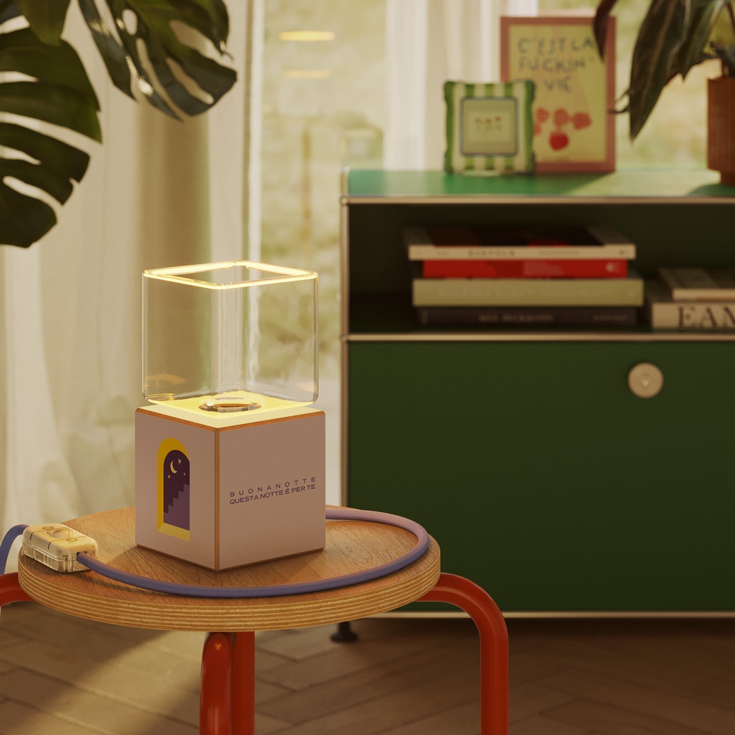 Lampada da tavolo Cubetto "Buonanotte fiorellino" con lampadina Ghost - Santomanifesto