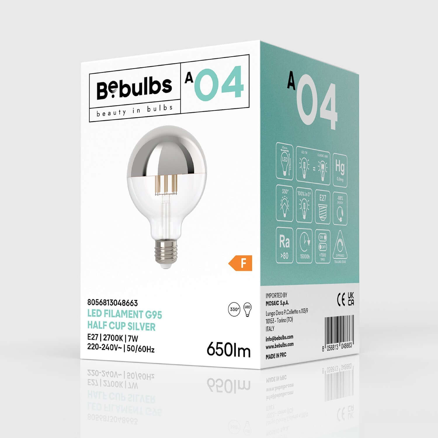 Lampadina LED Mezza Sfera Argento Globo G95 7W 650Lm E27 2700K Dimmerabile - A04