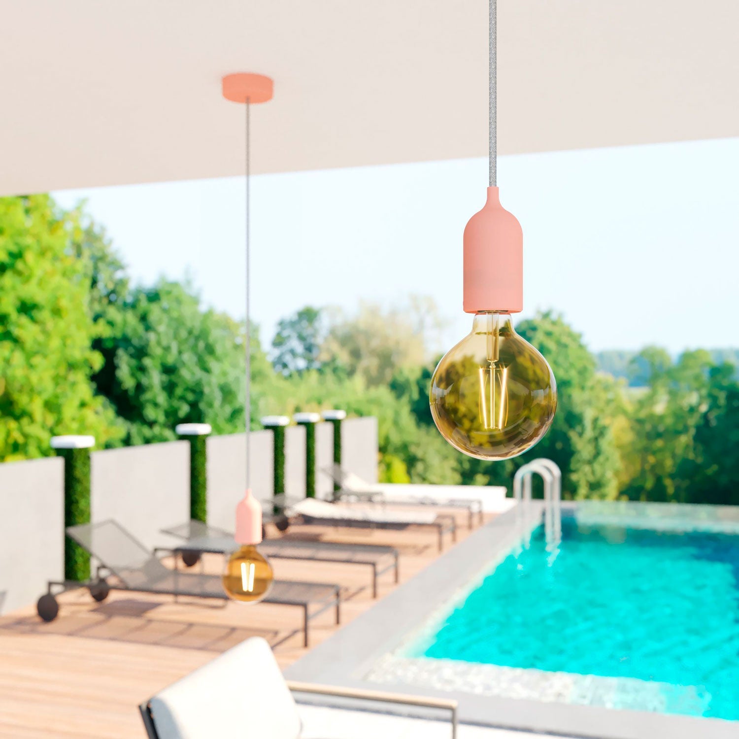 Modulair PASTEL Lampada da esterno con 1,5 m cavo tessile, rosone e portalampada in silicone IP65 waterproof - Salmone