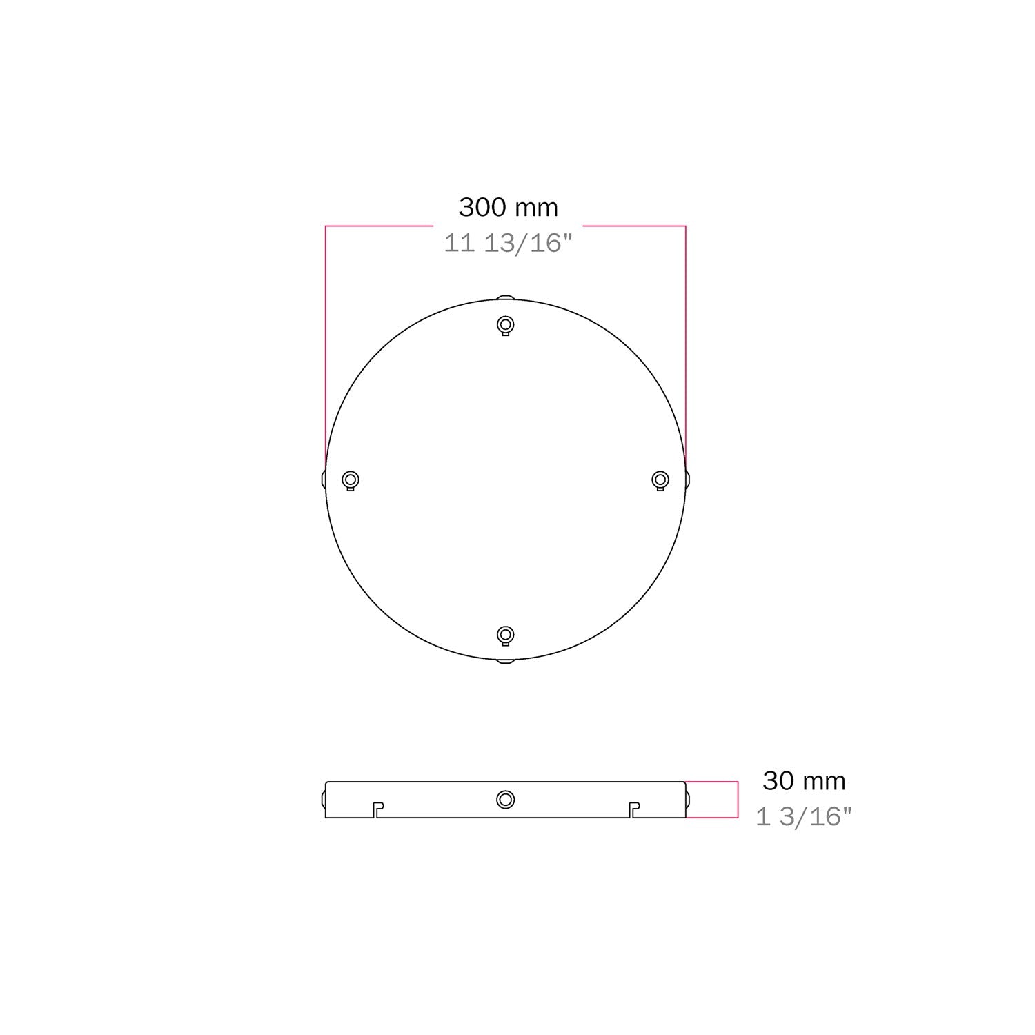 Rosone rotondo in alluminio Ø 30 cm con staffa e cavo di messa a terra, con 4 fori frontali - Bianco Opaco 4