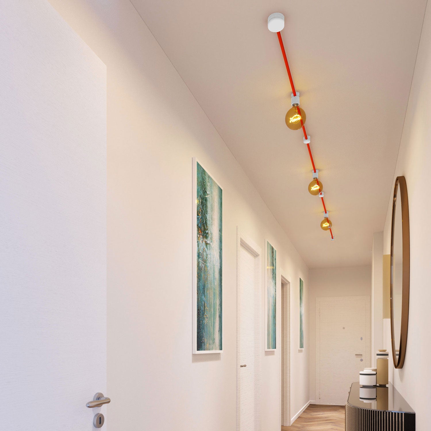 Sistema Filé Linear Kit - con cavo CF15 di 5 m per catenaria e 7 componenti in legno verniciato bianco per interni