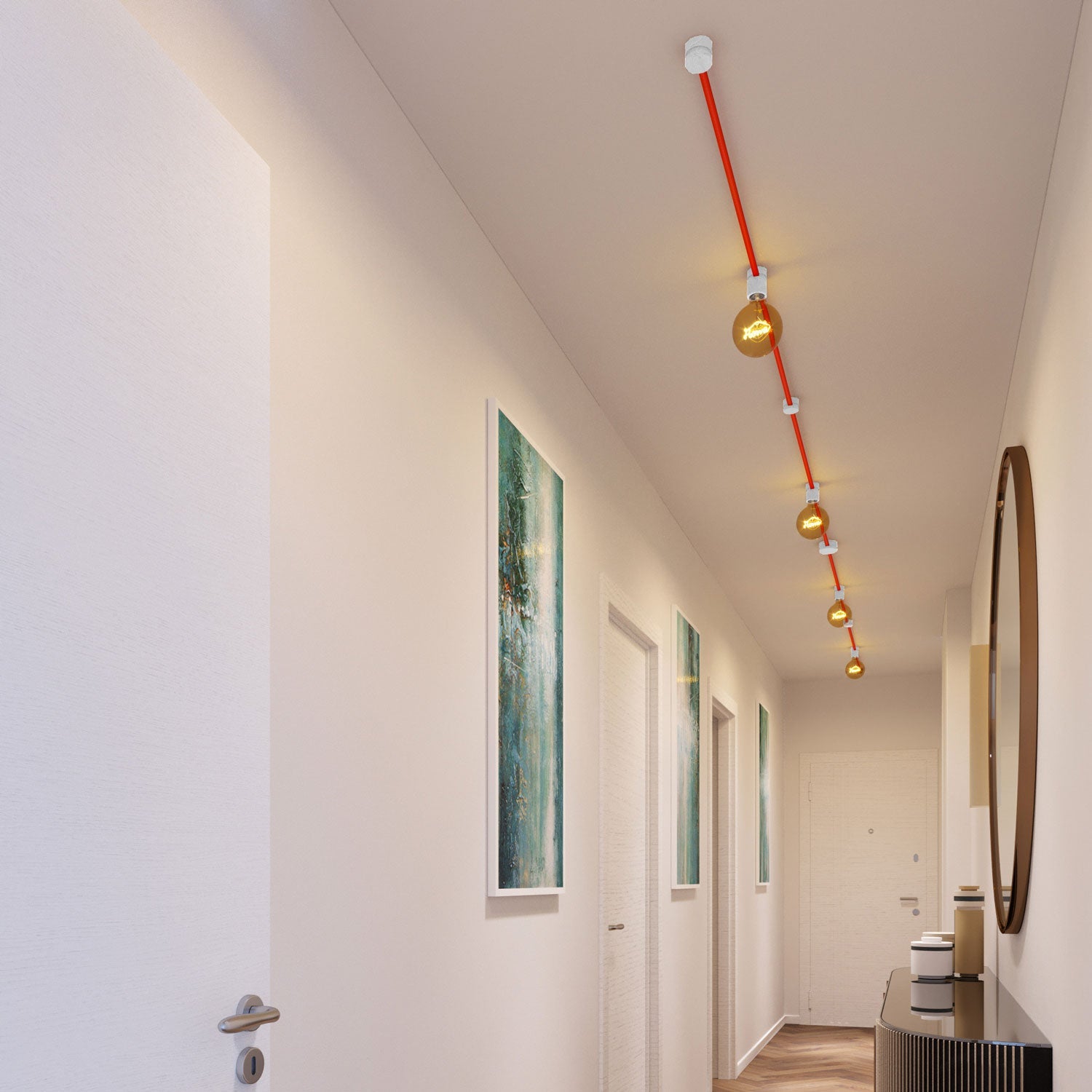 Sistema Filé Symmetric Kit - con cavo CF15 di 5 m per catenaria e 9 componenti in legno verniciato bianco per interni