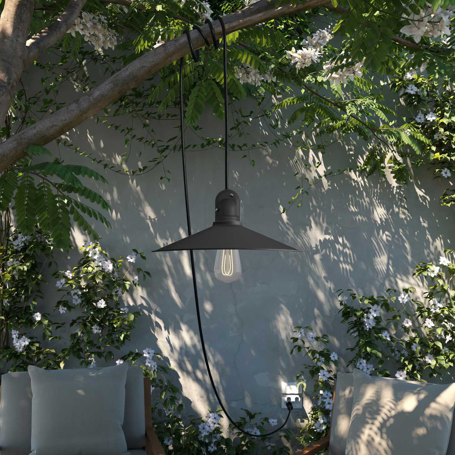 Snake Modulair con paralume Swing, lampada portatile per esterni, 5 m cavo tessile, portalampada IP65 e spina - Nero