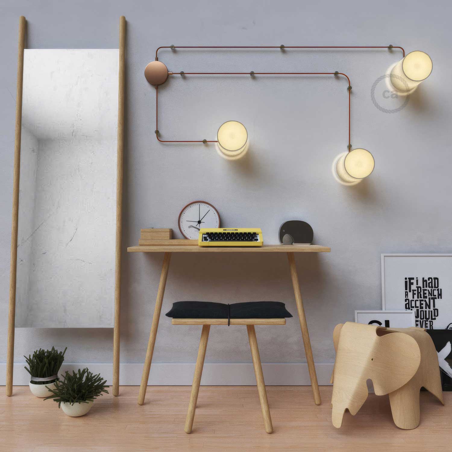 Spostaluce, il punto luce in metallo completo di portalampada E27 filettato, cavo tessile e fori laterali - Rame