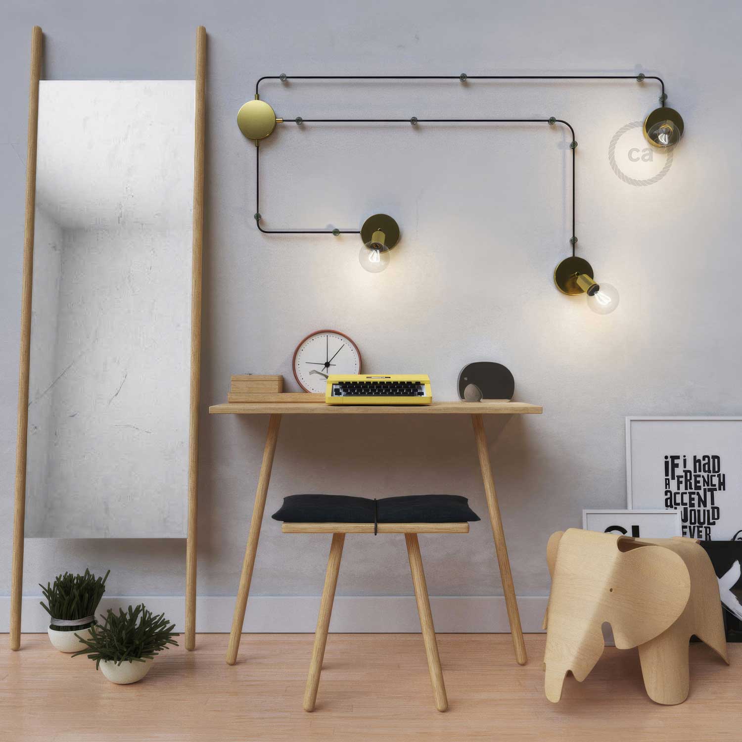 Spostaluce Metallo 90° orientabile, completo di cavo tessile e fori laterali - Ottone