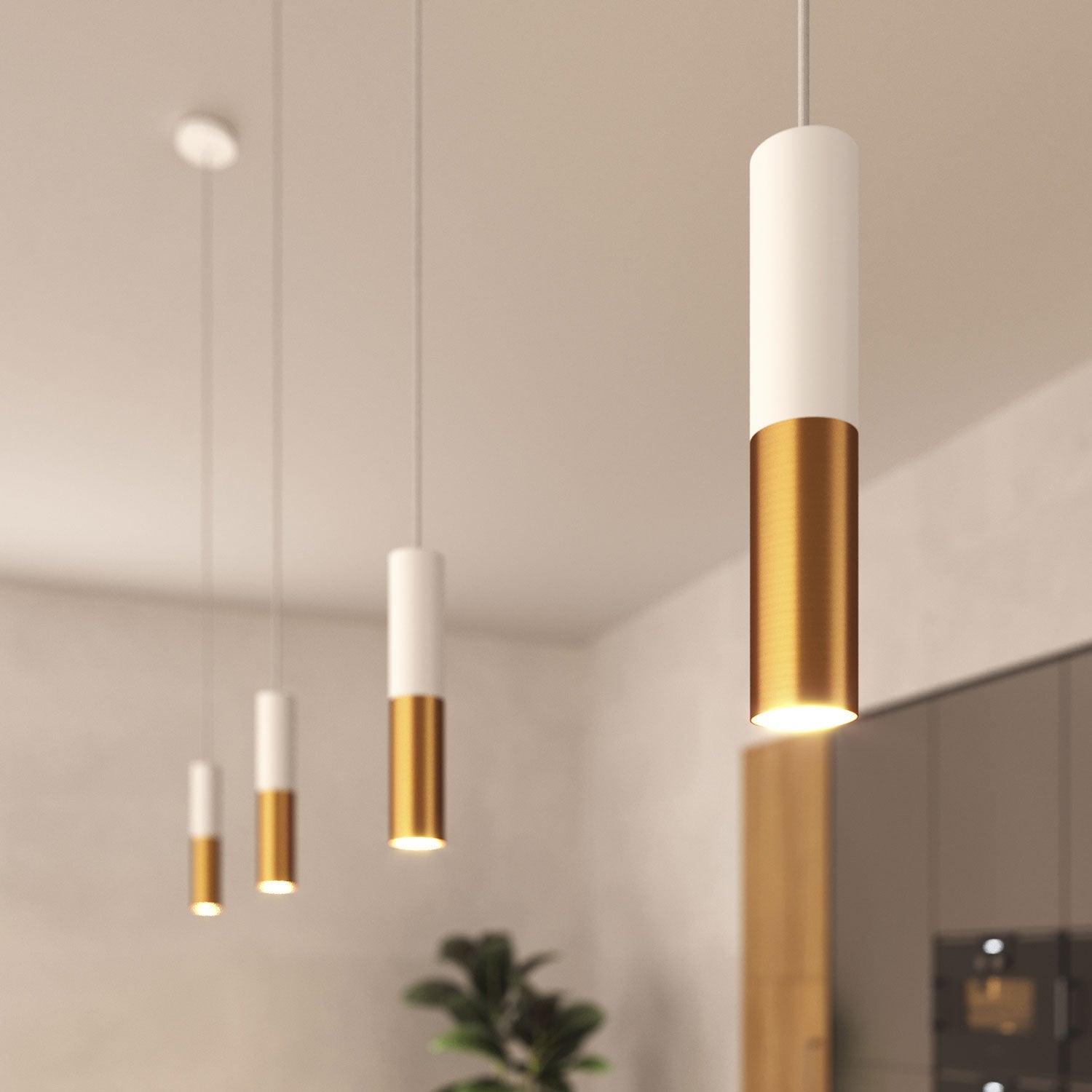 Tub-E14, tubo in metallo doppio per faretto con portalampada doppia ghiera E14 - Bianco opaco e Bronzo satinato